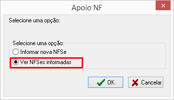 Tela de seleção exibida ao clicar no botão de alteração de uma fatura que já possua NFSe