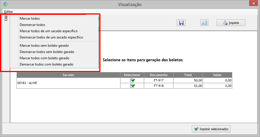 Seleção de faturas a emitir boletos