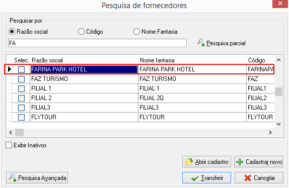 Transferir fornecedor selecionado