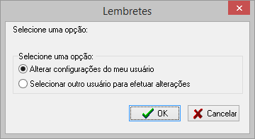 Tela de seleção de configuração de lembretes exibida apenas para os usuários administradores