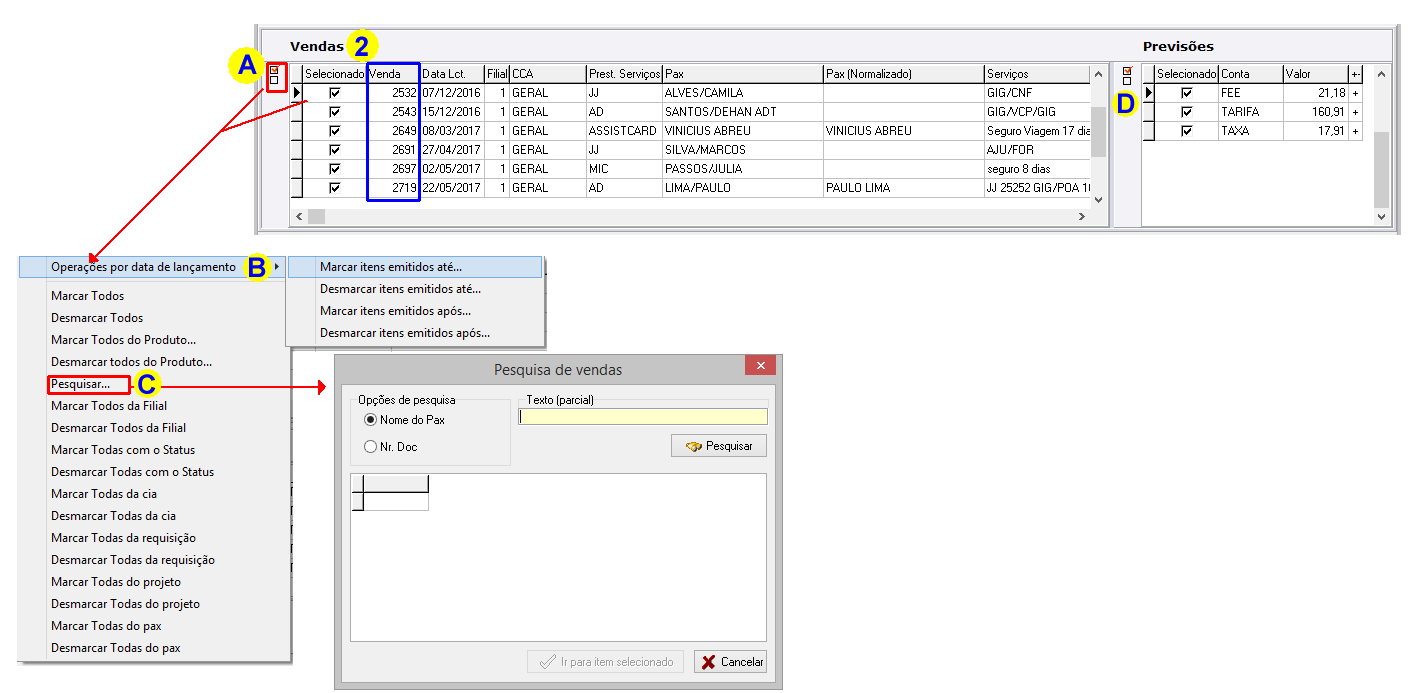 Parte das vendas do módulo de seleção de faturas a emitir
