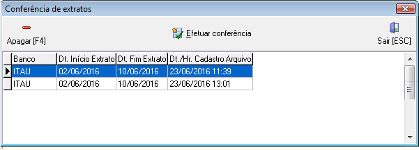 Tela com a lista de extratos cadastrados