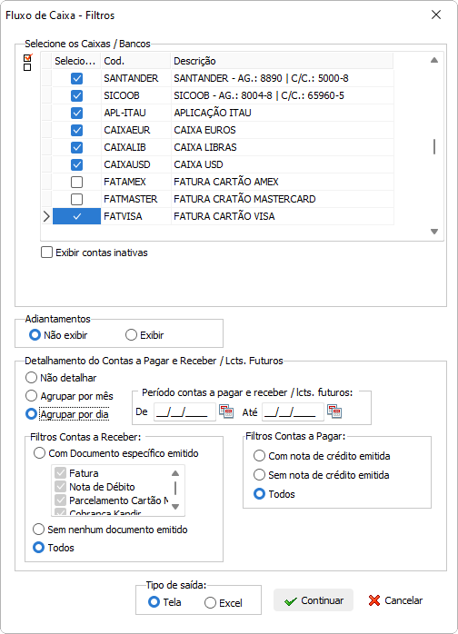 Tela de filtros para exibir o fluxo de caixa