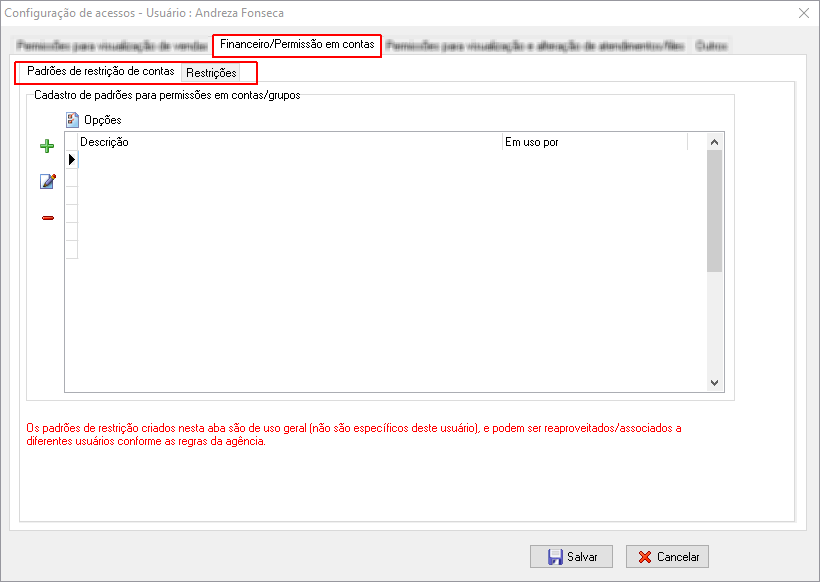 Configuração de permissões de conta no Financeiro