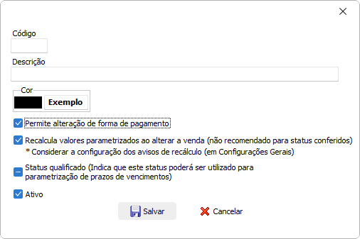 Tela para cadastro de Status da Venda