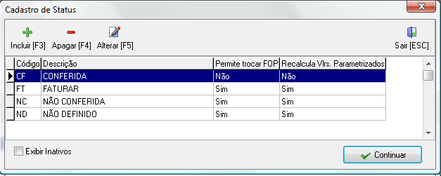 Tela para cadastro de Status