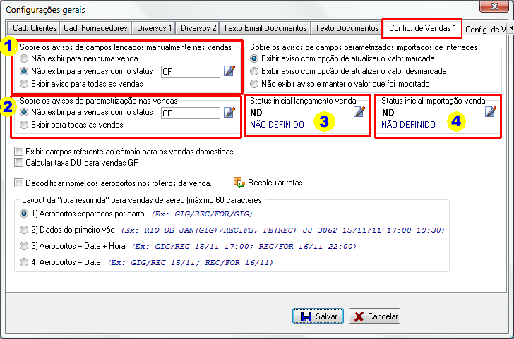 Tela para acesso as configurações gerias do status