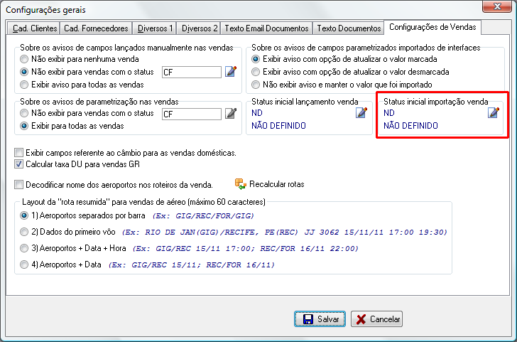 Configuração do Status inicial das vendas cadastradas a partir da Interface