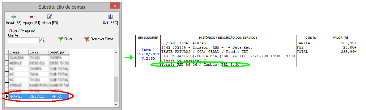 Exemplo do histórico da fatura do cliente com código RAFAEL onde a configuração visual de valor moeda não exibe a descriminação das contas mas apenas o total devido a substituição visual por contas