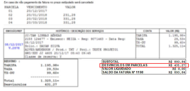 Subtotal exibindo o valor total de desvínculos realizados nas parcelas