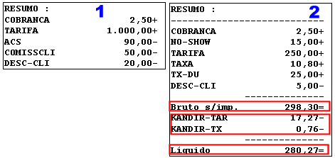 Faturas sem kandir exibirão o resumo utilizando a opção 1 (tela 1), Faturas com kandir exibirão o resumo com a opção 5 (tela 2)