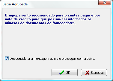 Tela de aviso de emissão de nota de crédito para baixa agrupada de contas a pagar