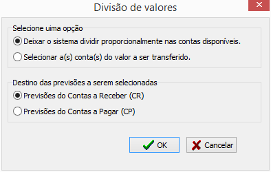 Tela de opções após salvar a divisão de valores