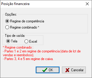 Tela para seleção da opção de pesquisa e tipo de saida da posição financeira