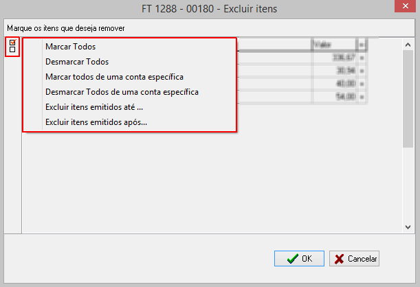 Tela para exclusão de ítens dos documentos