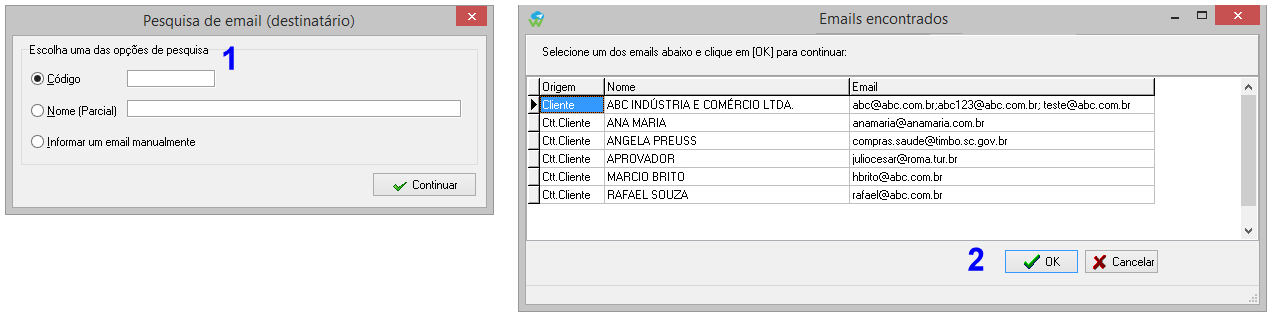 Tela para pesquisa ou informar manualmente o e-mail que será enviado o documento