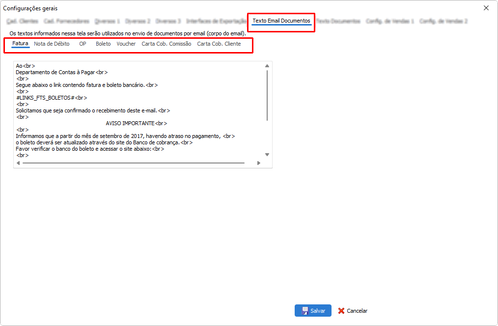 Módulo de configuração de texto e-mail documentos