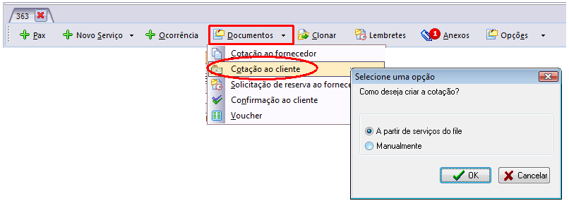 Opções de envio de cotação para o cliente