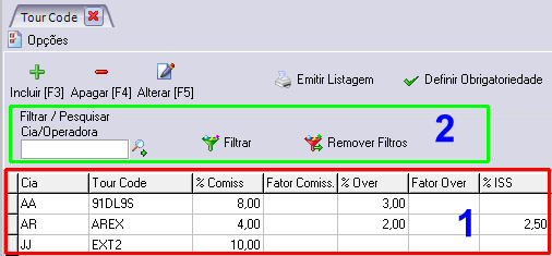 O conteúdo da listagem será igual aos itens que estiverem listados na tela principal do cadastro (1).