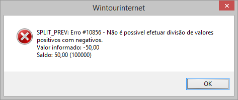 Mensagem de erro exibida ao transferir valores de conta de desconto e repasse comissão sem informar o sinal -