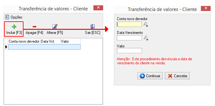 Tela para transferência do valor a receber do cliente