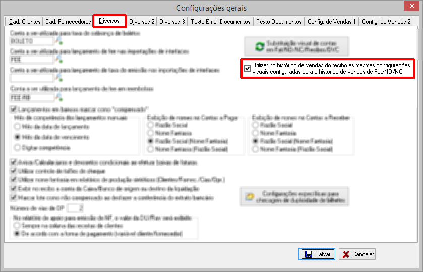 Ativando a configuração para o histórico do recibo de baixa utilizar as mesmas configurações visuais configuradas para o histórico de vendas de FAt/ND/NC