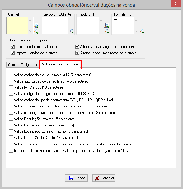 Configuração de validação de conteúdo de vendas