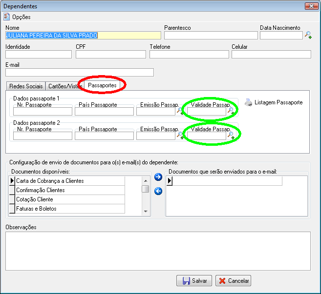 O campo validade passaporte dos dependetes e contatos é exibido no lembrete.