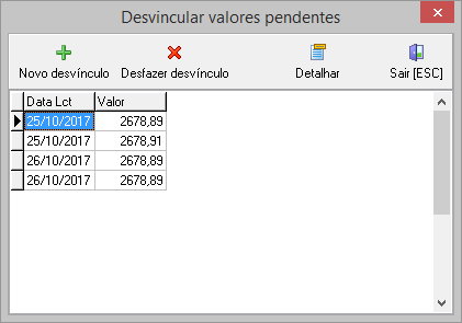 Tela listando valores que já foram desvinculados