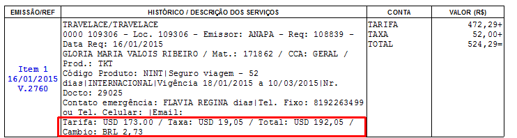 Valor moeda original exibido no histórico das vendas da fatura.