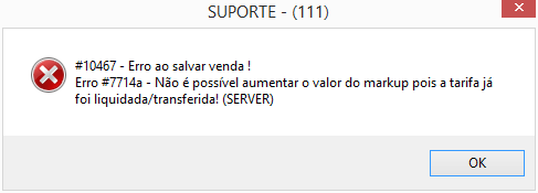 Mensagem de alerta ao tentar salvar venda ap[os aumentar o valor de markup estando este desvinculado da tarifa