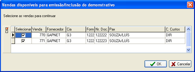 Tela de escolha de vendas para emissão de DVC