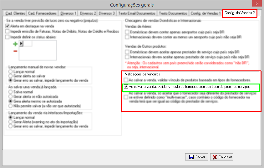 Restringir lançamento de vendas ao vínculo do fornecedor com os tipos de prestadores de seviço