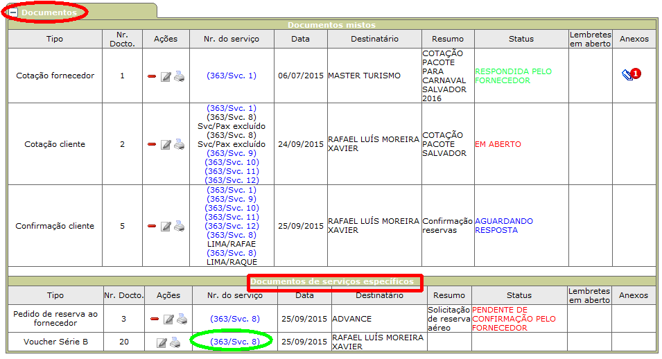 Os vouchers cadastrados são inseridos na guia documentos da ficha de atendimento na parte documentos de serviços específicos
